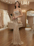 Champagne Strapless Sweetheart Beaded Satin Drape Prom Dress