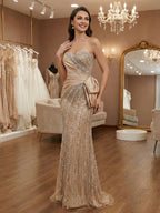 Champagne Strapless Sweetheart Beaded Satin Drape Prom Dress