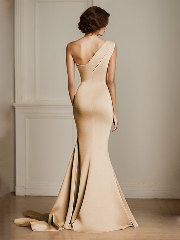 Elegantes Khaki Ein-Schulter Meerjungfrau Rüschend Lang Satin Festliches Kleid