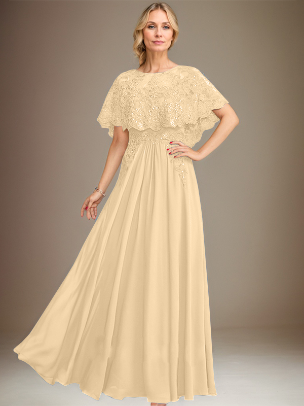 A-Linien Spitzen-Chiffon-Mutter-der-Braut-Kleid mit Bootsausschnitt, bodenlang und Applikations-Pailletten