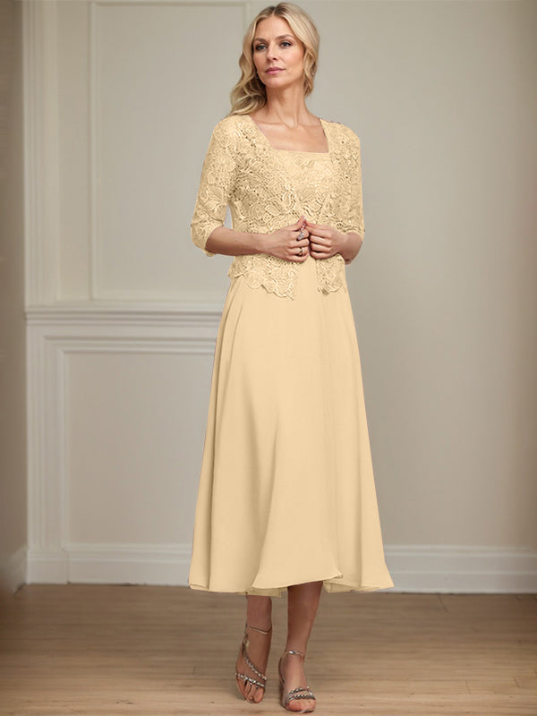 Robe de mère de la mariée en mousseline et dentelle ligne A longueur thé avec perles et sequins