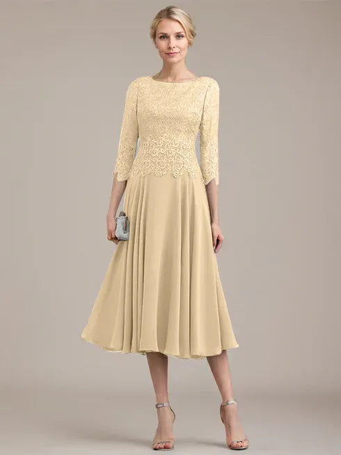 A-Linien Kleid mit Rundhalsausschnitt, tea-länge, Spitze und Chiffon, Mutter der Braut Kleid