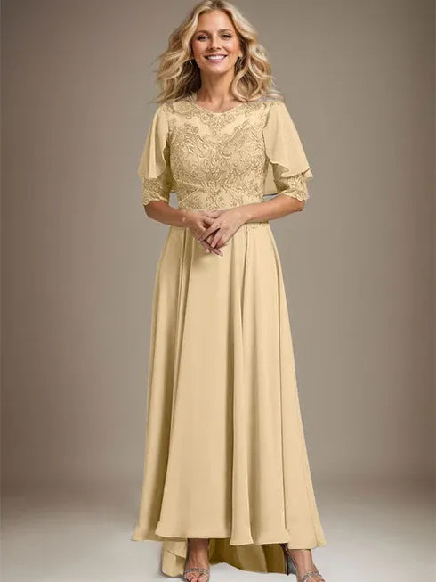 A-Linien Kleid mit Scoop-Ausschnitt, Illusion, asymmetrischem Chiffon und Spitzen, Mutter-der-Braut-Kleid mit Perlenbesatz