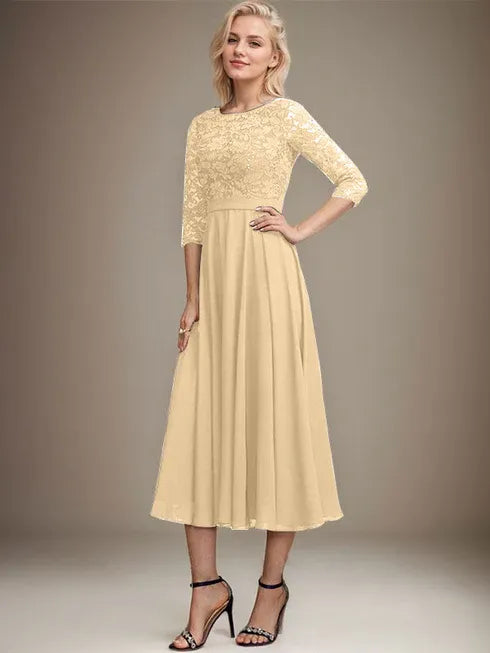 A-Linien Spitzen-Chiffon-Brautmutterkleid mit V-Ausschnitt, tea-length, mit Pailletten