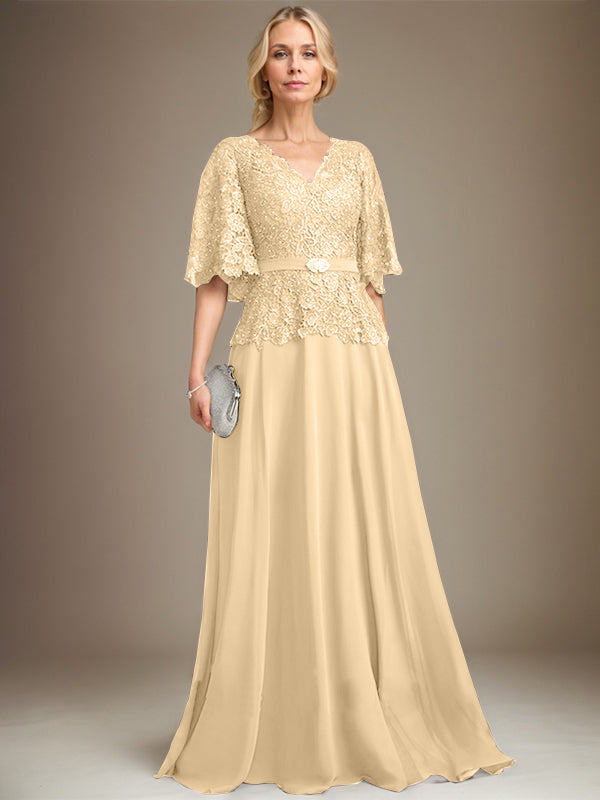 A-Linien V-Ausschnitt Bodenlanges Chiffon-Spitzen Mutter-der-Braut-Kleid mit Kristallbrosche und Strass