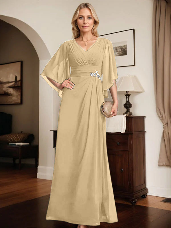 Etuikleid/Säule V-Ausschnitt bodenlanges Chiffon Mutter-der-Braut-Kleid mit plissierten Pailletten und Perlen