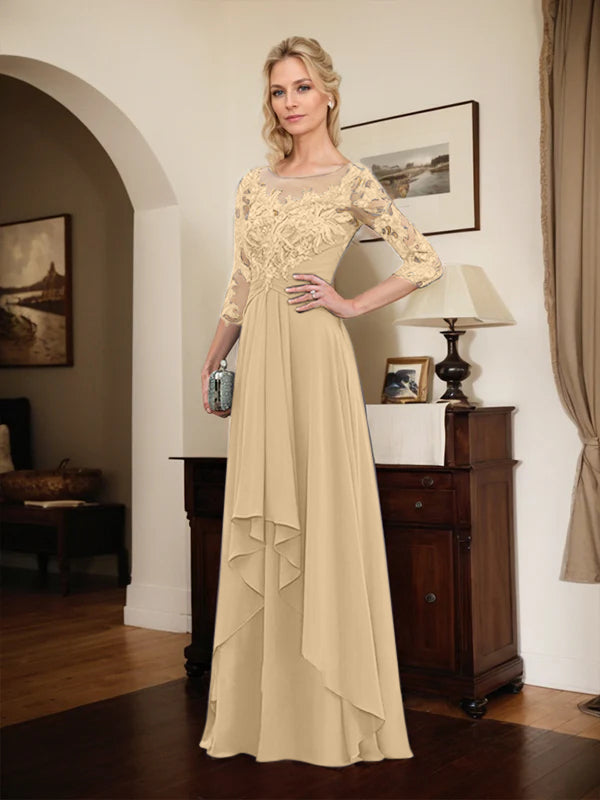 Robe mère de la mariée en ligne A avec col rond illusion, dentelle et chiffon longueur sol avec volants en cascade