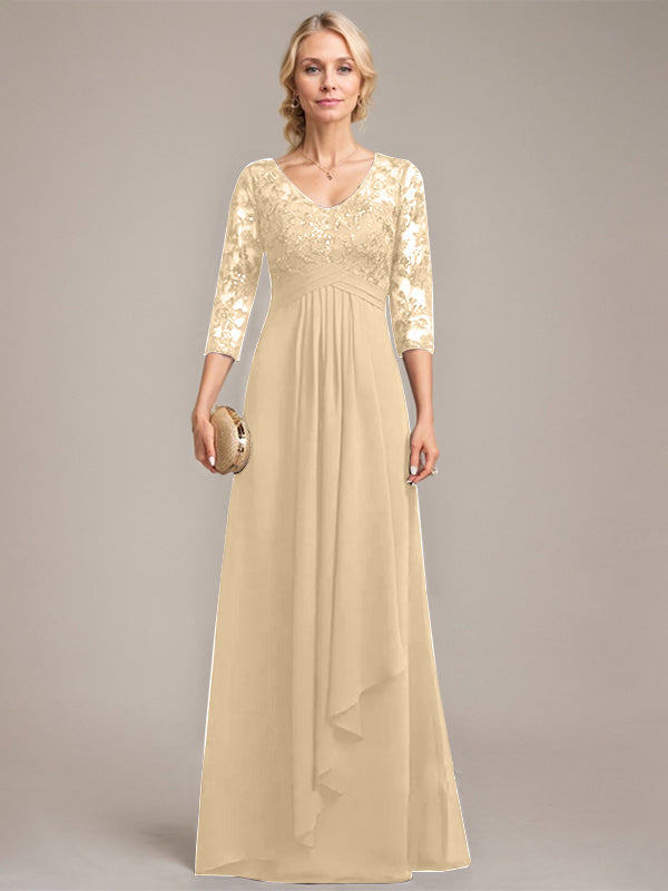 A-Linien V-Ausschnitt bodenlanges Spitzen-Chiffonkleid für die Mutter der Braut mit kaskadierenden Rüschen und Pailletten