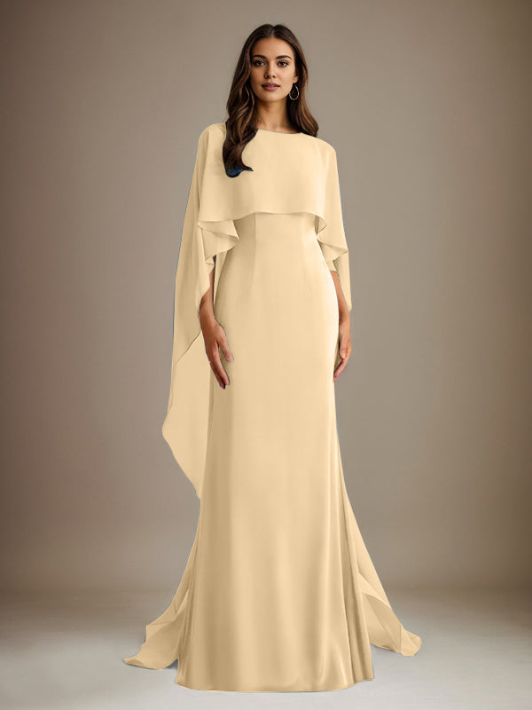 Etuikleid/Säulenkleid Bootsausschnitt bodenlanges Chiffon Mutter-des-Braut-Kleid mit kaskadierenden Rüschen