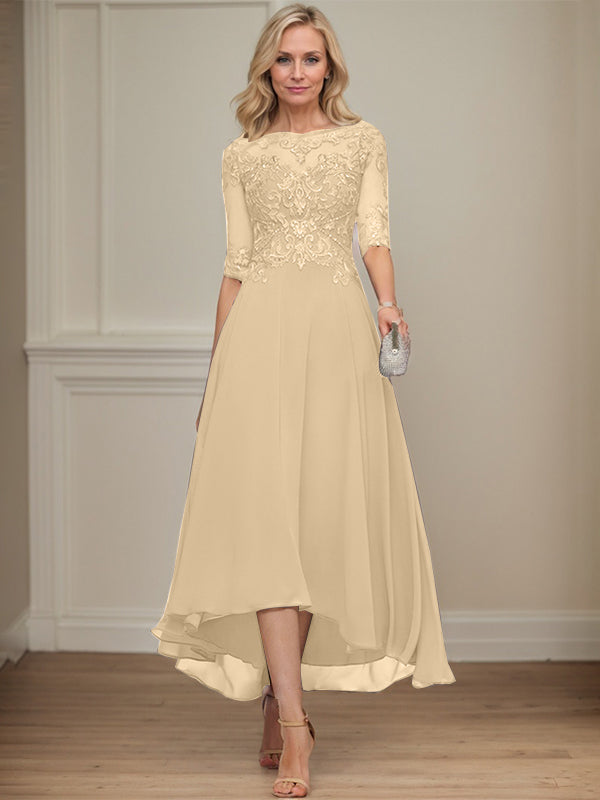 A-Linien Bootsausschnitt Illusionskleid mit asymmetrischem Chiffon-Spitzenstoff, Mutter-der-Braut-Kleid mit Paillettenperlen