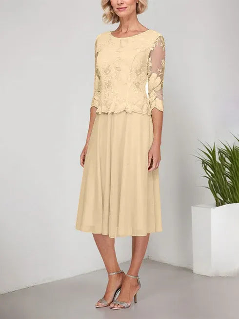 A-Linie Rundhals Tee-Länge Spitze Chiffon Mutter-der-Braut-Kleid mit Stickerei