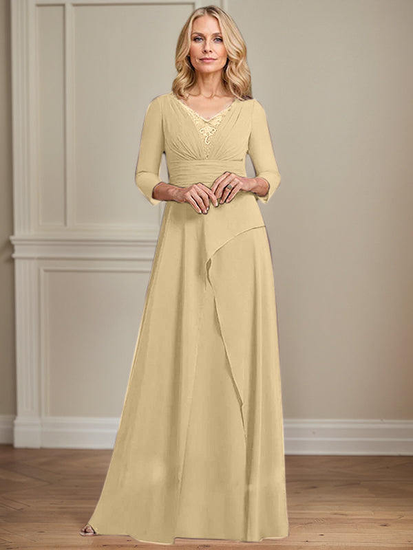 A-Linien Chiffon-Mutter-der-Braut-Kleid mit V-Ausschnitt, bodenlang, plissierte Perlenverzierung