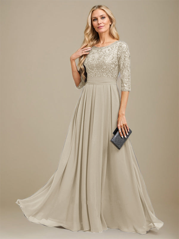 A-Line Scoop Floor-Length Lace Chiffon Mother Of the Bride Dress With Sequins Applique