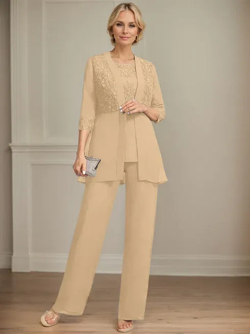 Combinaison/pantalon séparé en mousseline et dentelle, longueur au sol, col rond, robe mère de la mariée avec sequins