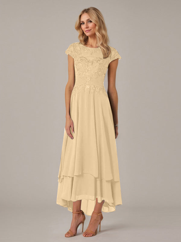 A-Linien Boot-Ausschnitt Illusions asymmetrisches Chiffon-Spitzen Mutterkleid der Braut mit Applikationsfalten