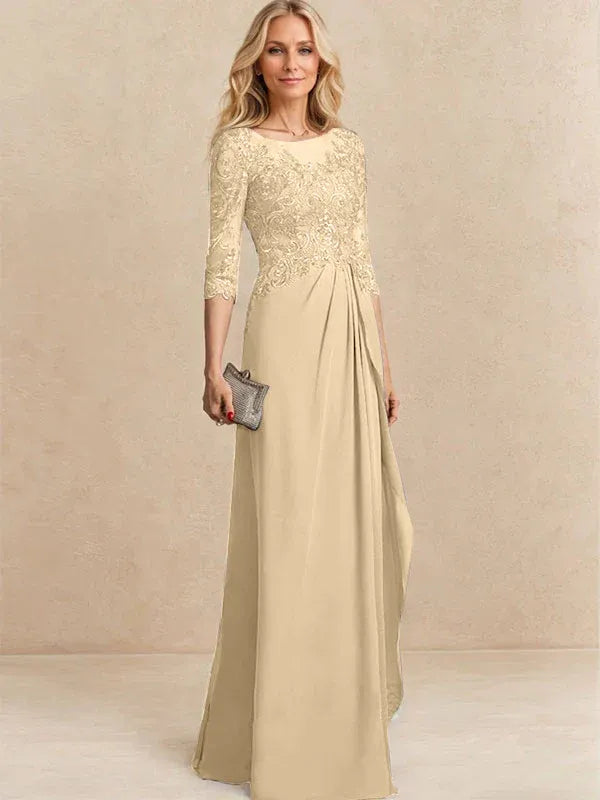 Vestido para la madre de la novia línea A con escote redondo ilusión, largo hasta el suelo, de gasa y encaje con cuentas, lentejuelas y volantes en cascada