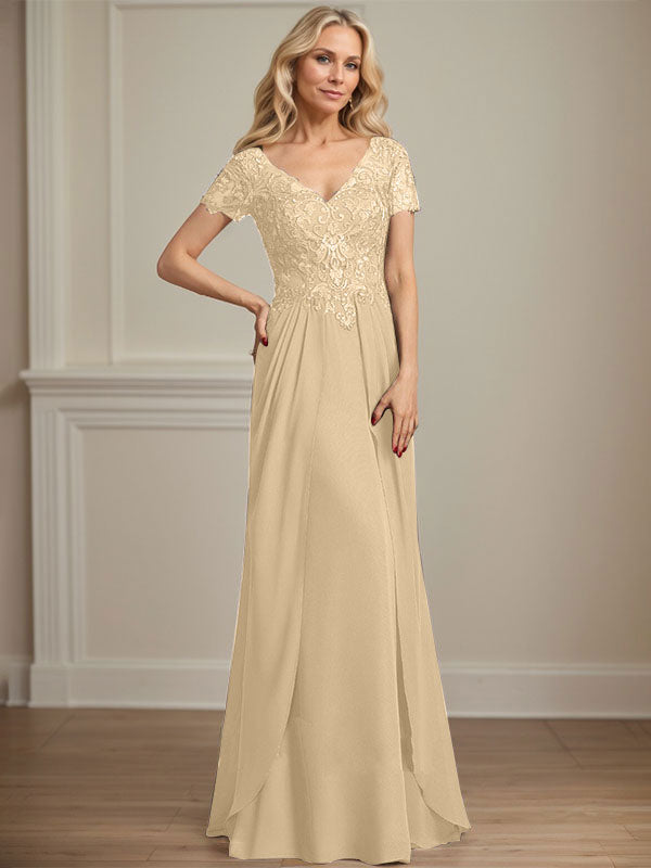 A-Linien Chiffon-Spitzen-Mutter-der-Braut-Kleid mit V-Ausschnitt, bodenlang
