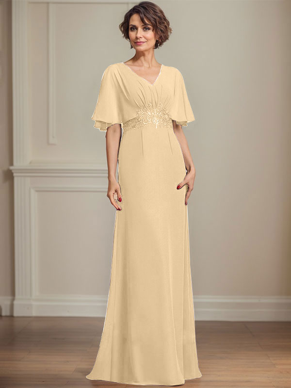 A-Linien Chiffon Mutter-der-Braut-Kleid mit V-Ausschnitt, bodenlang, mit plissierten Pailletten-Applikationen und Spitze