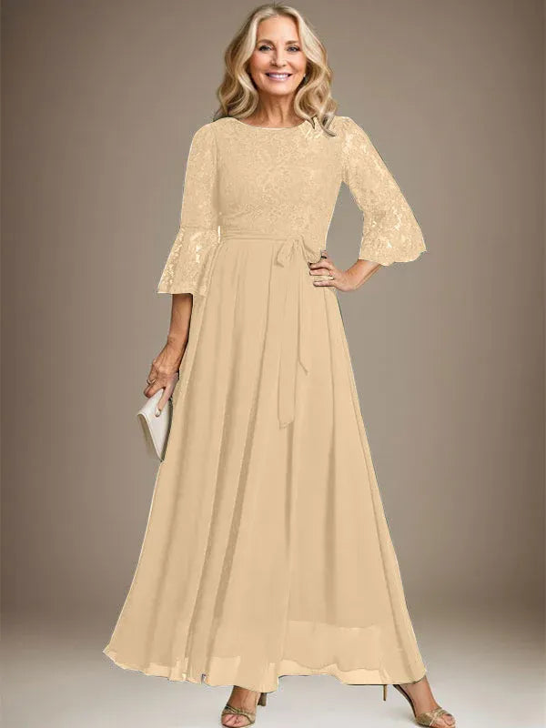 A-line Scoop Ankle-Length Lace Chiffon Mother of the Bride Dress With Bow