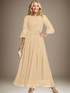 A-line Scoop Ankle-Length Lace Chiffon Mother of the Bride Dress With Bow