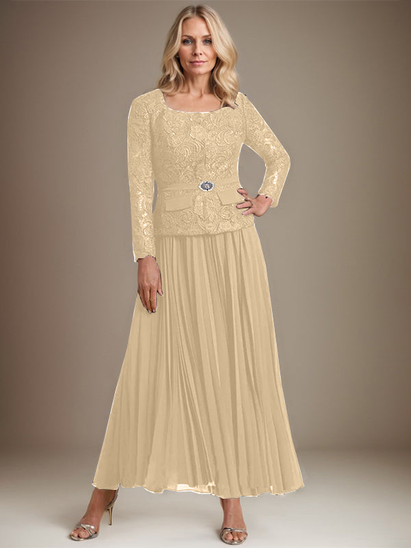 A-Linien-Kleid mit quadratischem Ausschnitt, knöchellang, Chiffon, Mutter der Braut, mit Falten
