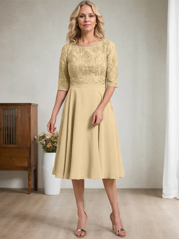 A-Linien Rundhalsausschnitt knielanges Spitzen-Chiffon Kleid für die Mutter der Braut