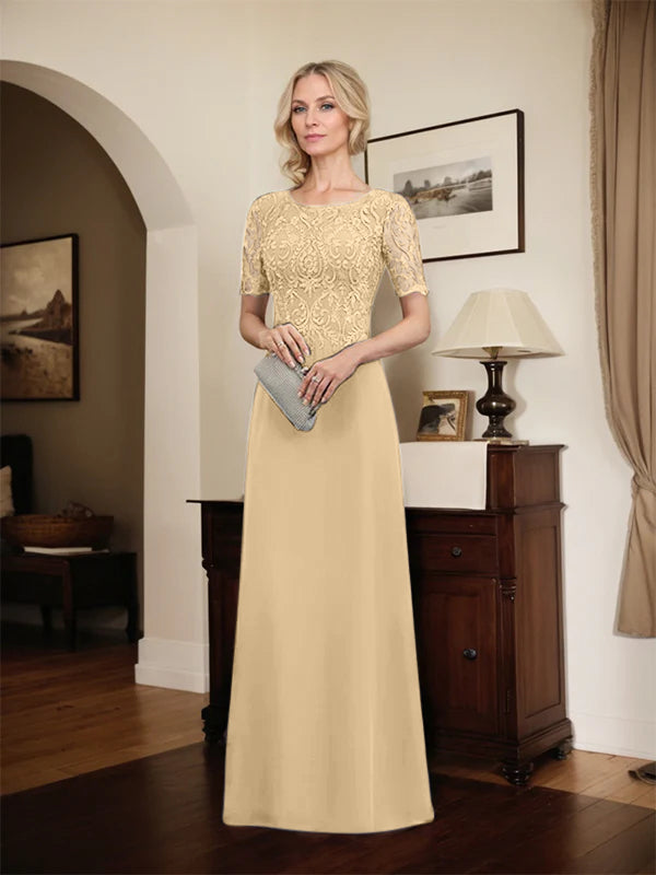 A-Linien Spitzen-Chiffon-Mutter-der-Braut-Kleid mit Rundhalsausschnitt, bodenlang und Pailletten