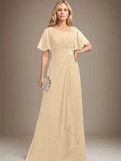A-Linien asymmetrisches bodenlanges Chiffon Mutter-der-Braut-Kleid mit plissierten Perlen und Pailletten