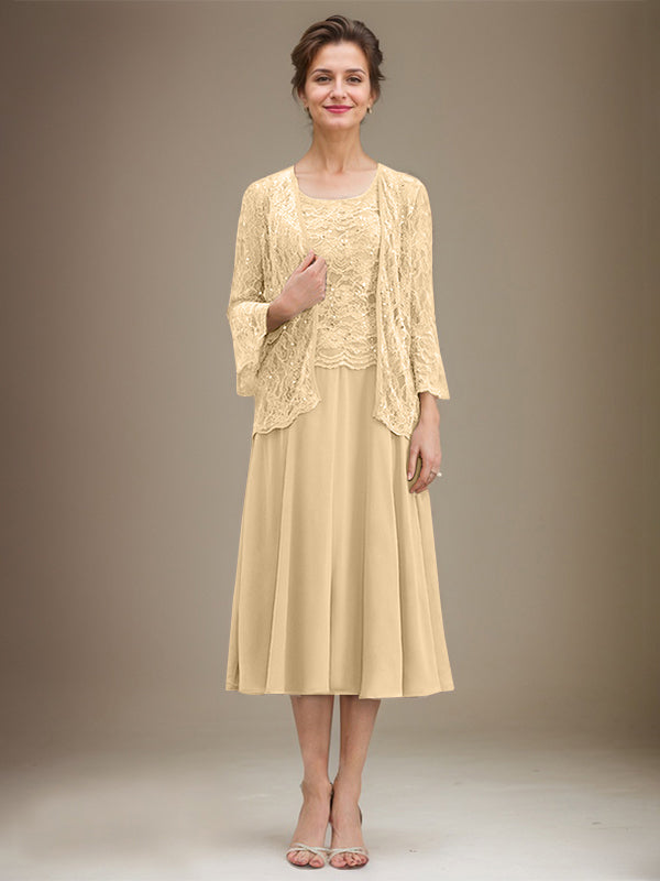 A-Linien Spitzen-Chiffon-Brautmutterkleid mit V-Ausschnitt, tea-length, mit Pailletten