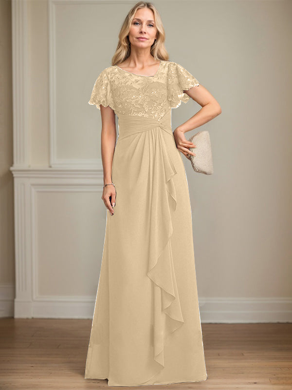 A-Linie asymmetrisches Illusions bodenlanges Spitzen-Chiffon Brautmutterkleid mit kaskadierenden Volants und Pailletten