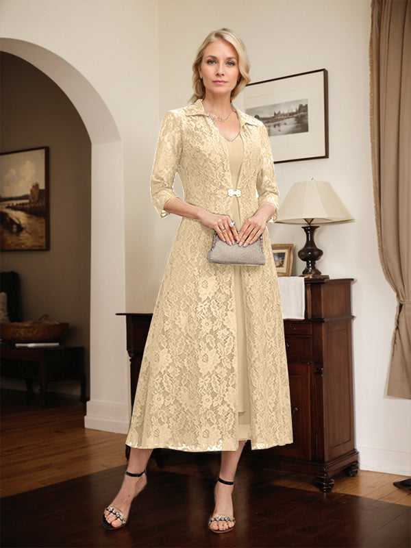 Robe mère de la mariée en mousseline longueur thé à encolure en V et coupe trapèze