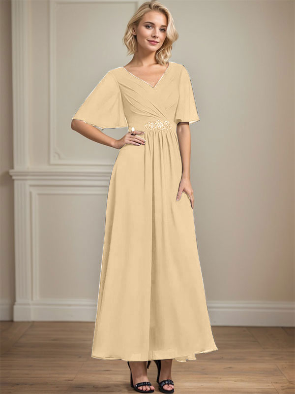 A-Linien V-Ausschnitt Knöchellanges Chiffon Kleid für die Brautmutter mit plissierten Perlen und Pailletten