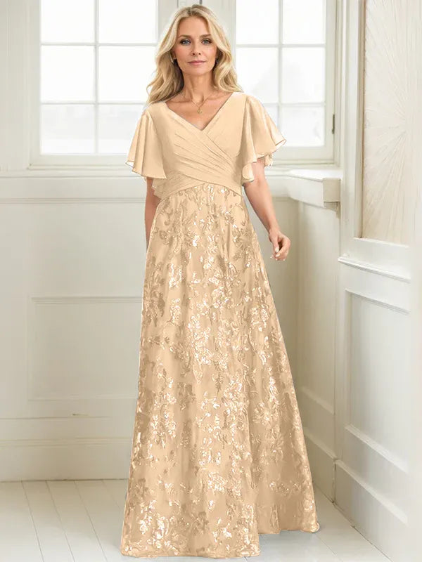 Vestido de madre de la novia en línea A con escote en V, largo hasta el suelo, encaje, lentejuelas y gasa plisada