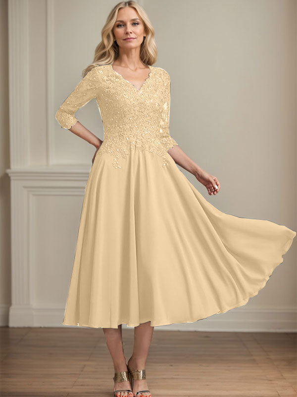 Robe de mère de la mariée en mousseline longueur thé, ligne A, col en V, en dentelle avec perles et sequins