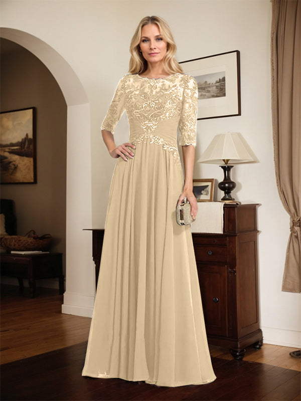 A-Linien Ausschnitt Illusions-Bodenlanges Chiffon-Spitzenkleid für die Mutter der Braut mit plissierten Pailletten