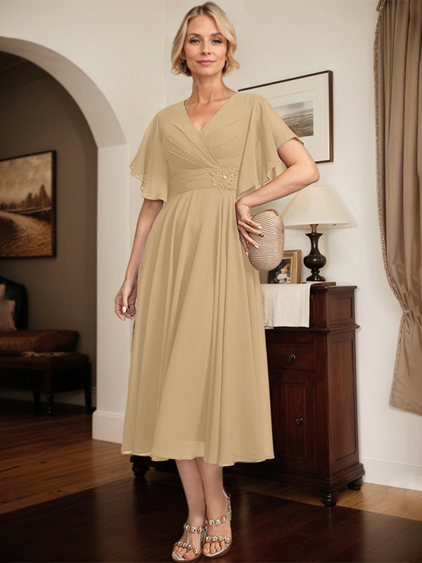 A-Linien Kleid mit V-Ausschnitt, tea-length Chiffon, Mutter der Braut mit plissierten Perlen