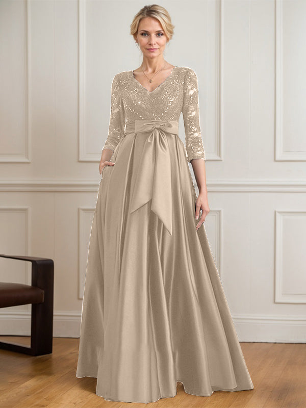 Robe mère de la mariée en satin et dentelle, coupe trapèze, col en V, longue avec nœud à sequins