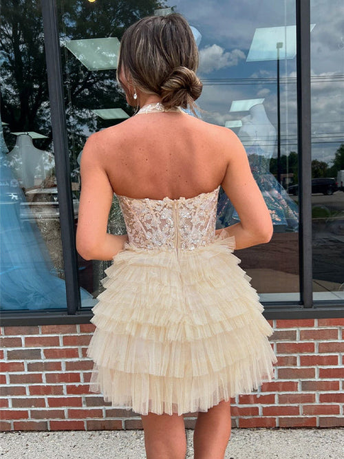 Champagne A-Line Halter Short Tulle Homecoming Dress With Appliques