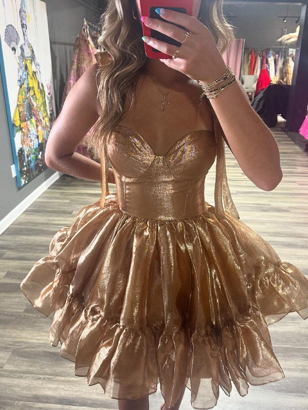 Robe courte de bal de promo à bretelles, coupe trapèze, décolleté cœur avec nœud