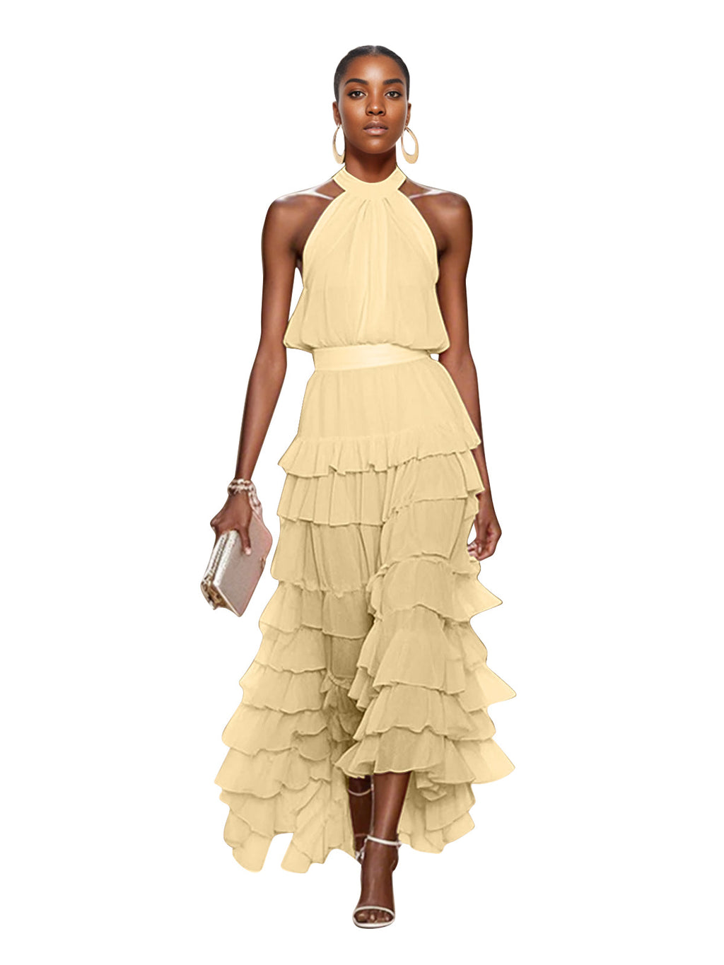 A Line Pink Chiffon Halter Neck Sleeveless Ankle Length Dress With Cascading Ruffles