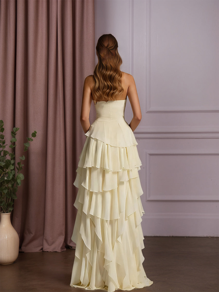 Charmantes Trägerloses Ärmelloses Rüschen-Langes Abschlussballkleid