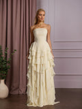 Elegant Strapless Sleeveless Ruffles Long Evening Dress