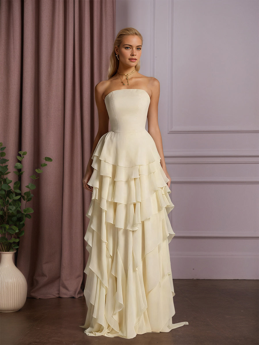 Elegant Strapless Sleeveless Ruffles Long Evening Dress