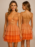 A Line Sweetheart Tiered Satin Homecoming Dress with Keyhole
