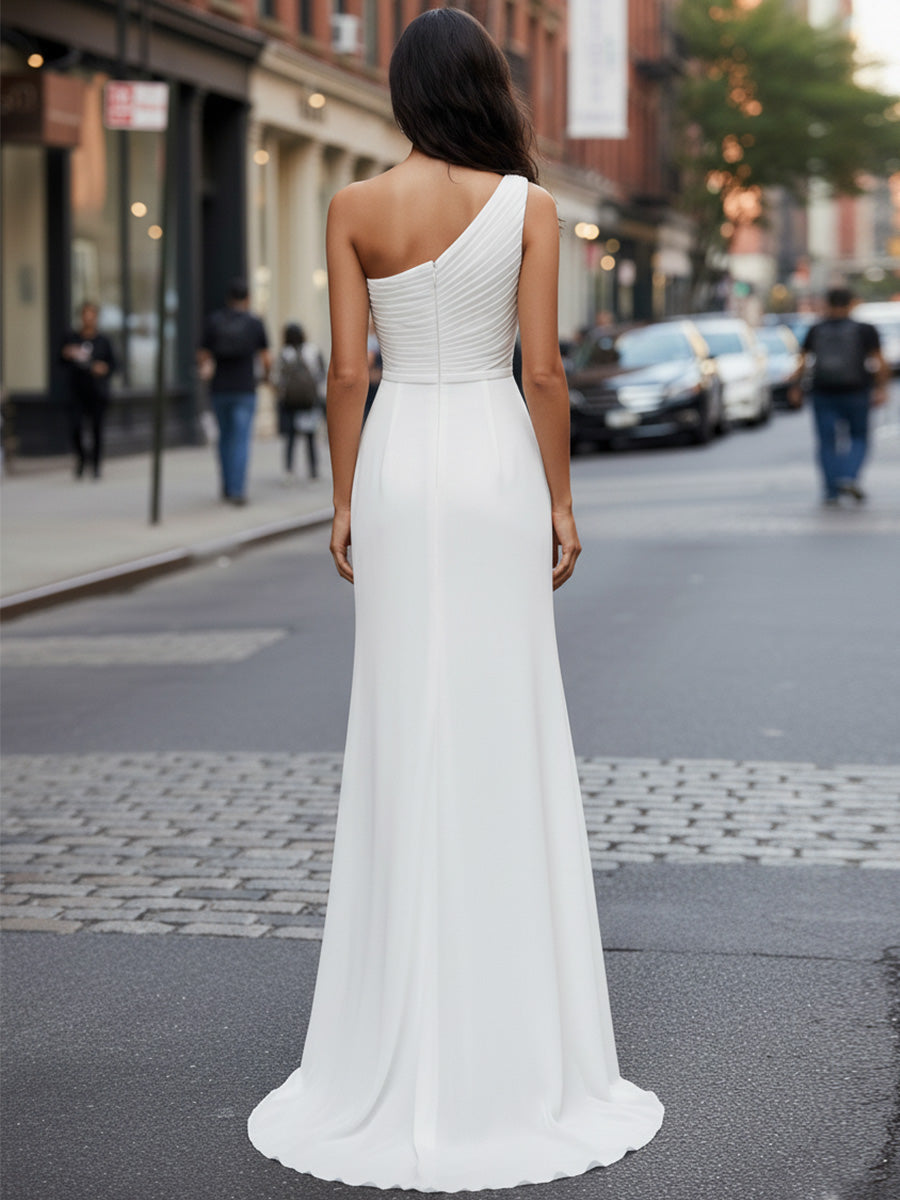 Robe maxi de fiançailles en mousseline plissée, une épaule, style plage
