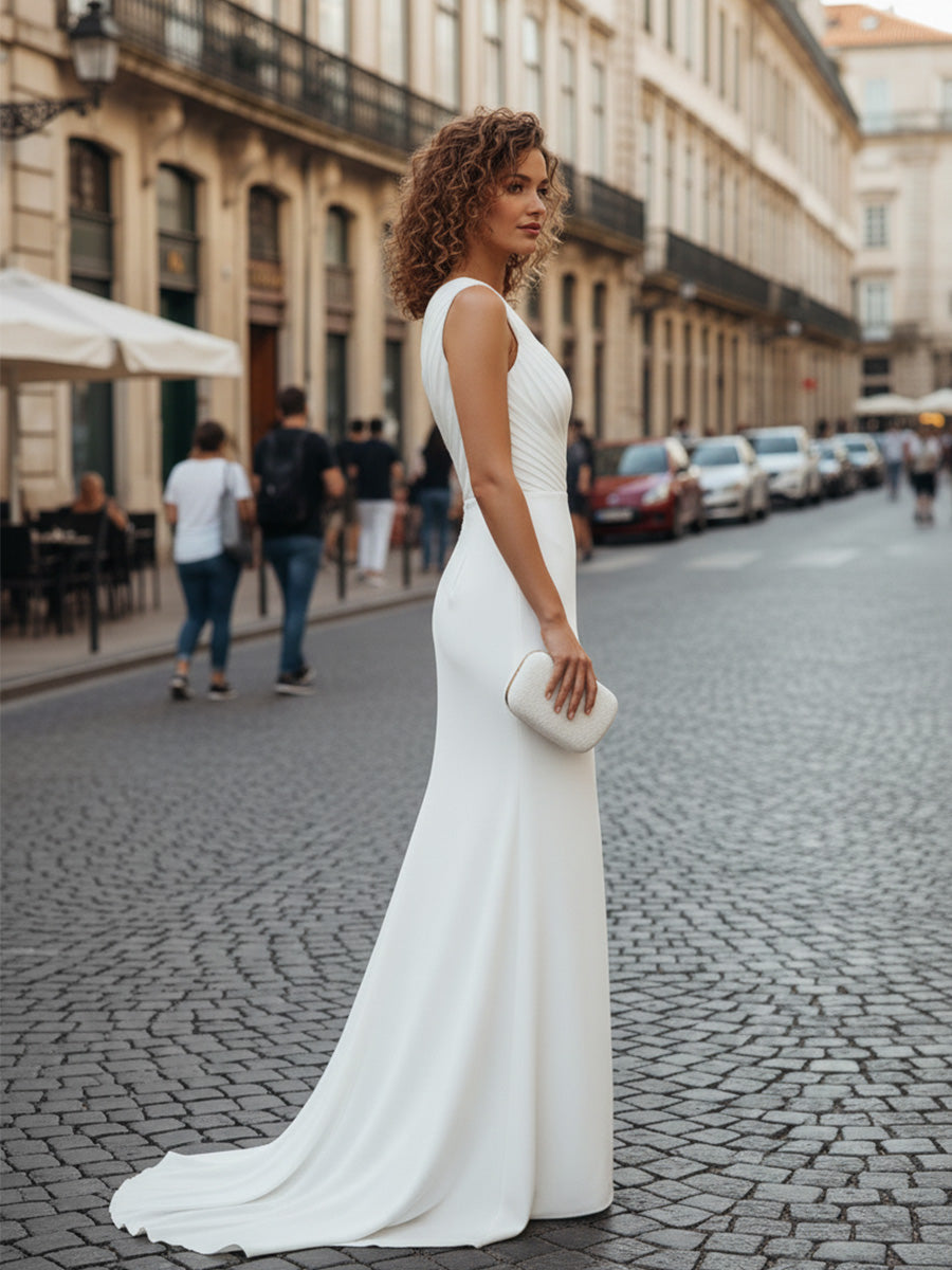 Robe maxi de fiançailles en mousseline, une épaule, froncée, avec fente, style plage