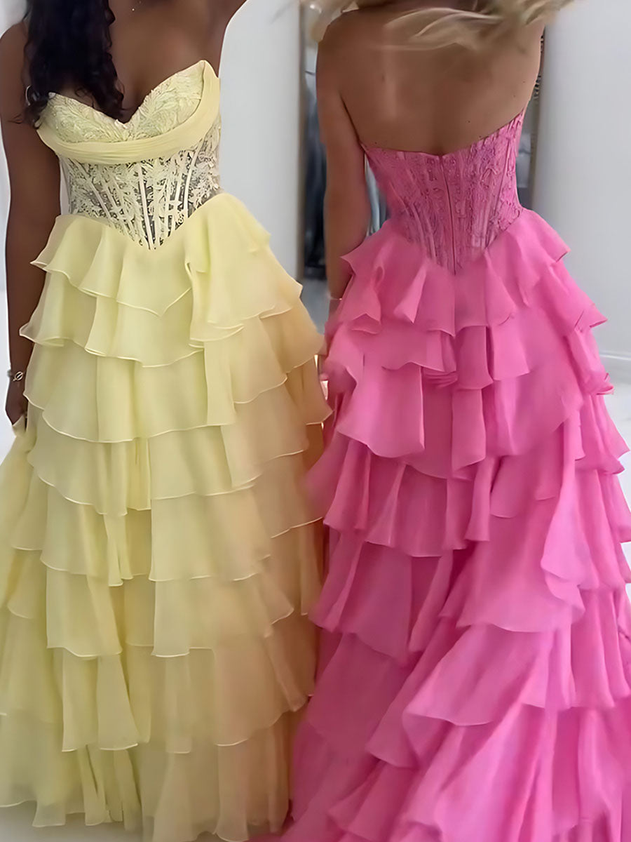 Vestido longo de baile em linha A, tomara que caia, império, chiffon em camadas e fenda