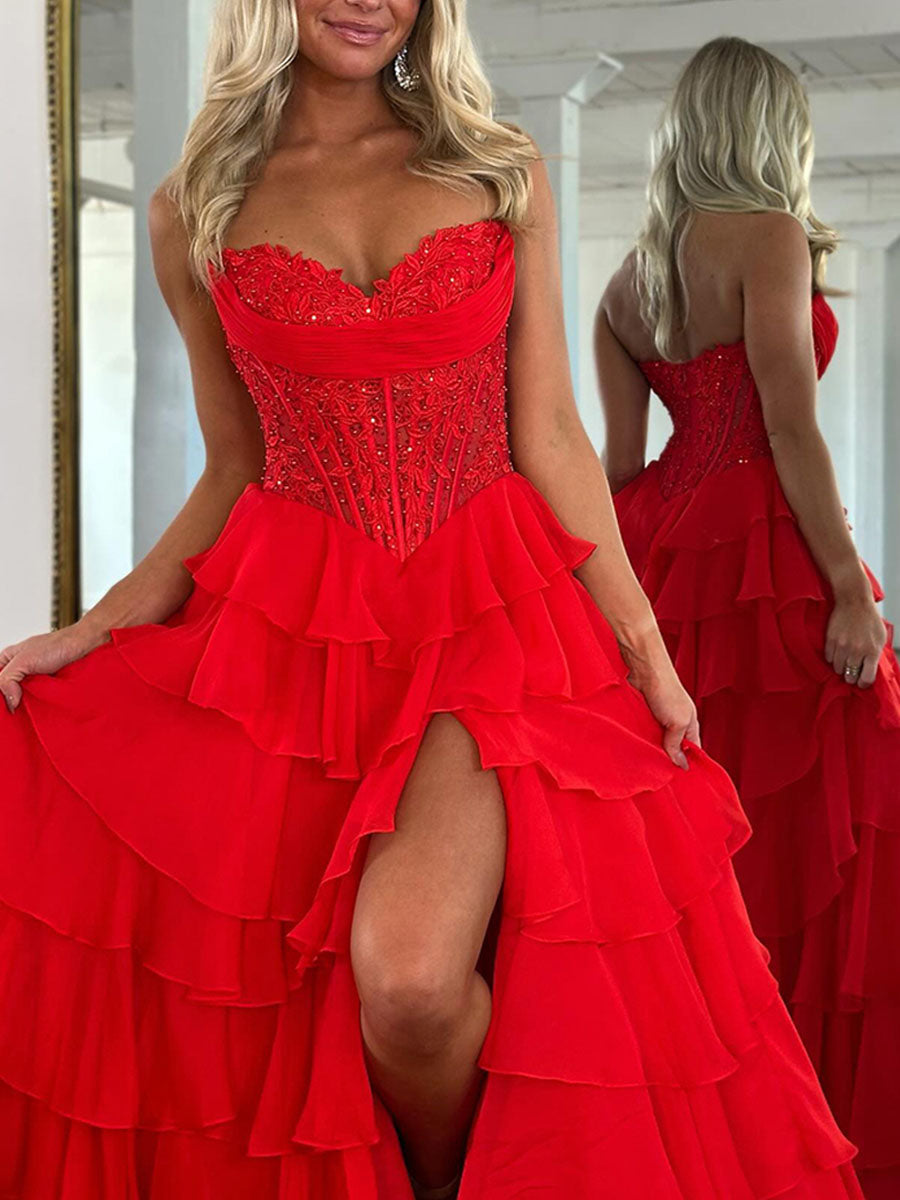 Vestido longo de baile em linha A, tomara que caia, império, chiffon em camadas e fenda