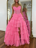 Vestido longo de baile em linha A, tomara que caia, império, chiffon em camadas e fenda