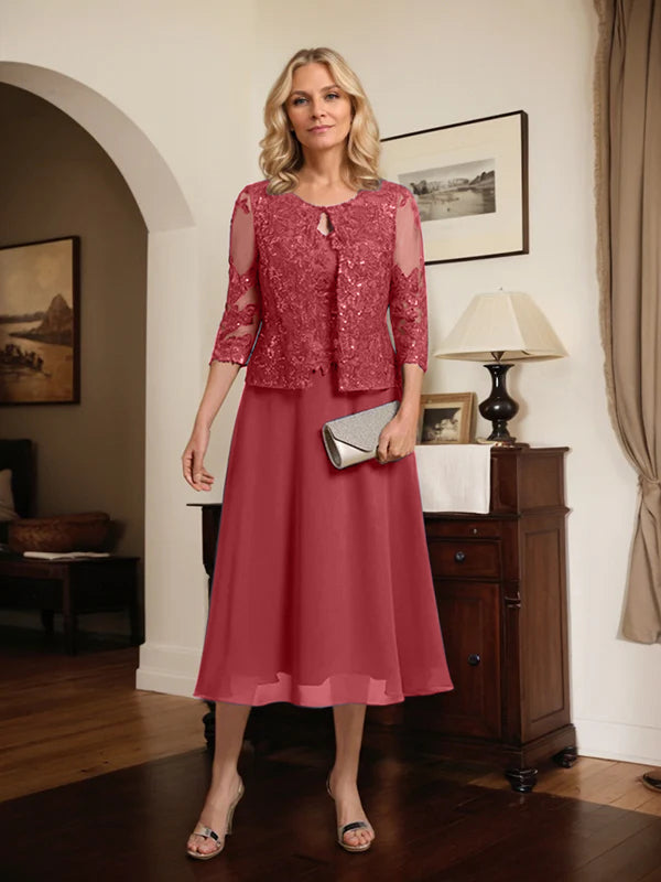 A-Linien Spitzen-Chiffon-Brautmutterkleid mit V-Ausschnitt, tea-length, mit Pailletten